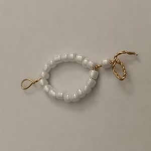 White and gold beaded wire wrapped choker necklace pendant hand crafted